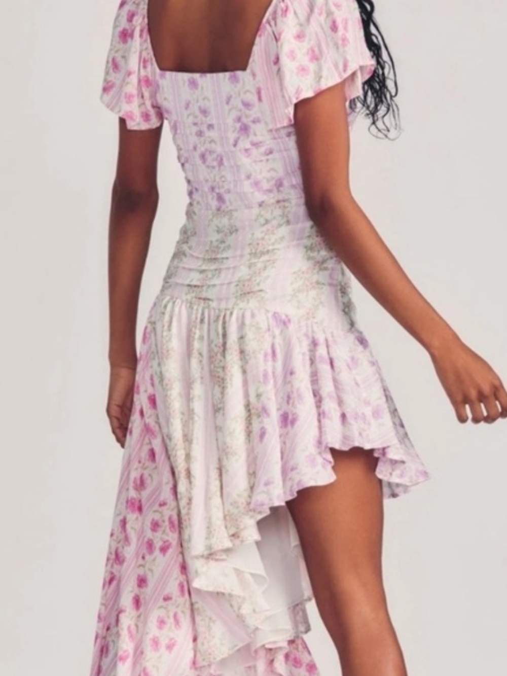 LoveShackFancy IRVINE Pink Floral Asymmetrical Ruffle Midi Dress